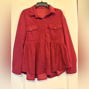 SHEIN Burgundy Ribbed Button-Front Peplum Top